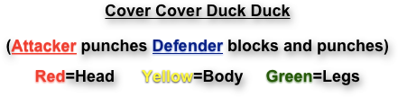 Cover Cover Duck Duck
(Attacker punches Defender blocks and punches) 
Red=Head      Yellow=Body     Green=Legs 